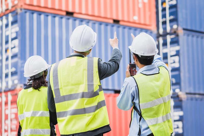 Back view of businessman with staff in logistic, export, import industry checking shipping cargo container freight.